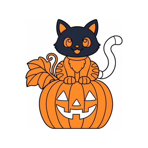 Cat on a pumpkin drawing, half colored