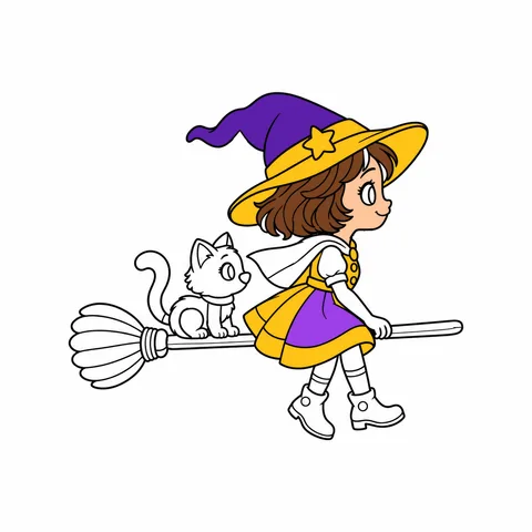 Witch and her cat drawing, half colored