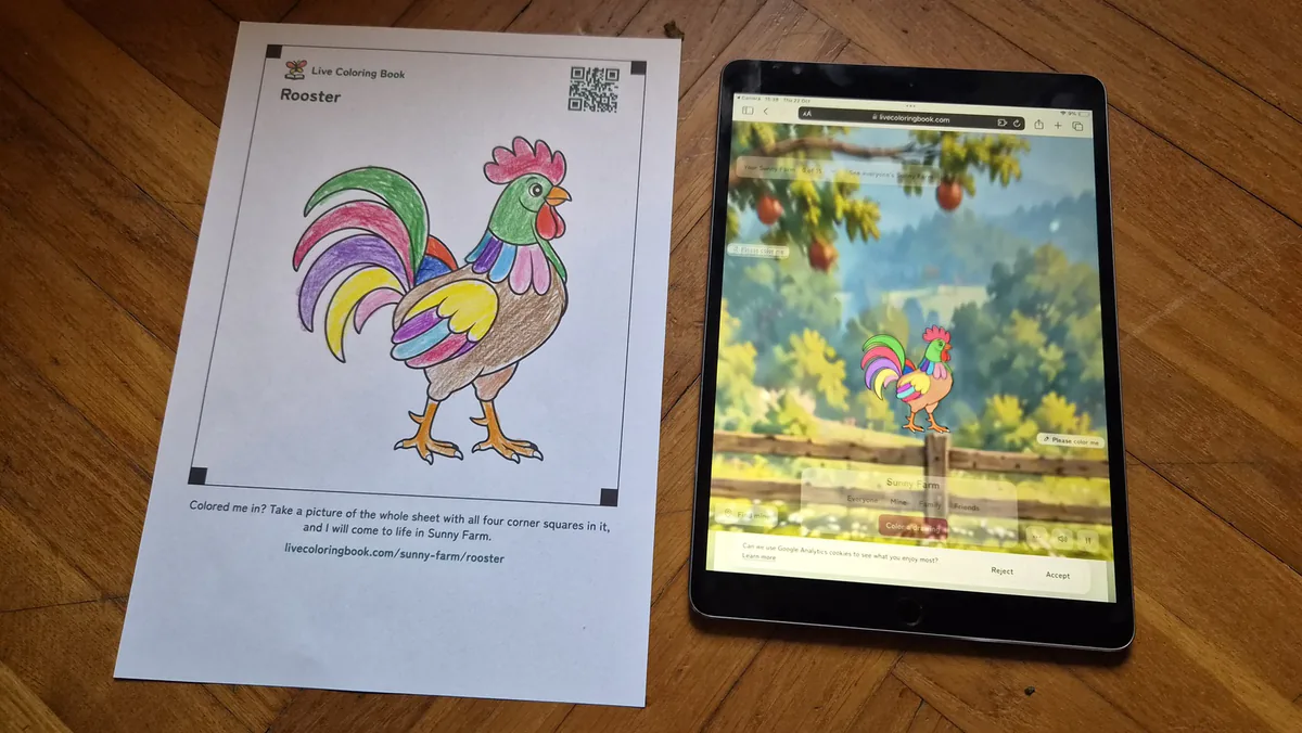 A crayon-colored rooster on a printed sheet, next to an iPad showing the same rooster alive on Sunny Farm in the same colors.