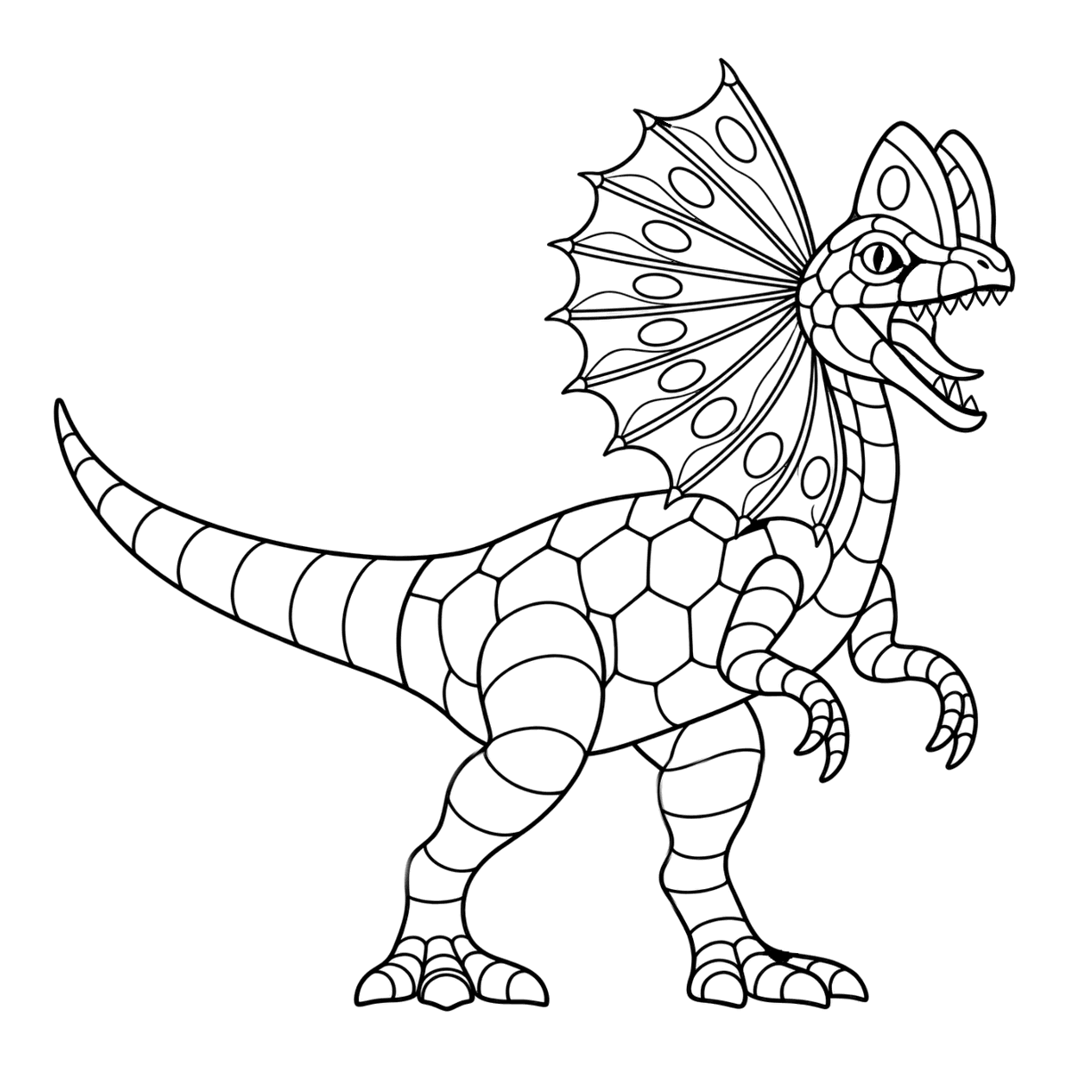 Dilophosaurus coloring page: a dilophosaurus hissing with its neck frill spread open, ready to color