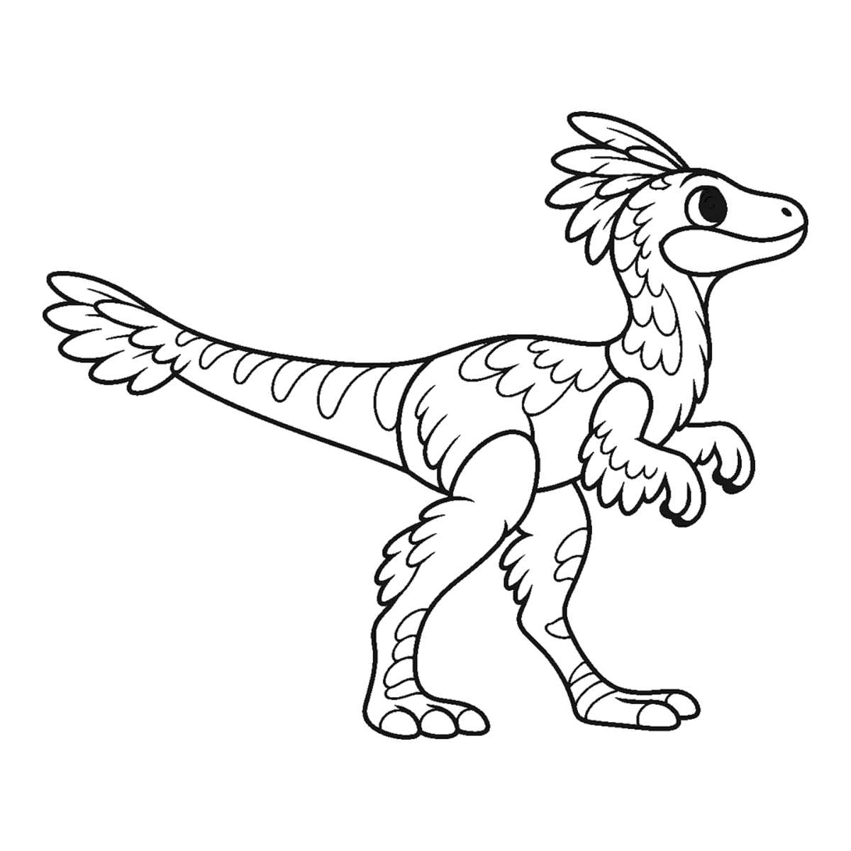 Raptor coloring page: a small, curious raptor with feather tufts, ready to color