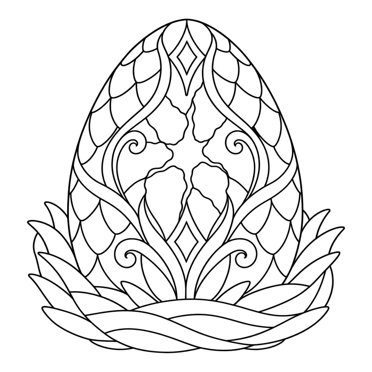 Dragon egg coloring page: a scaly dragon egg in a straw nest, ready to color