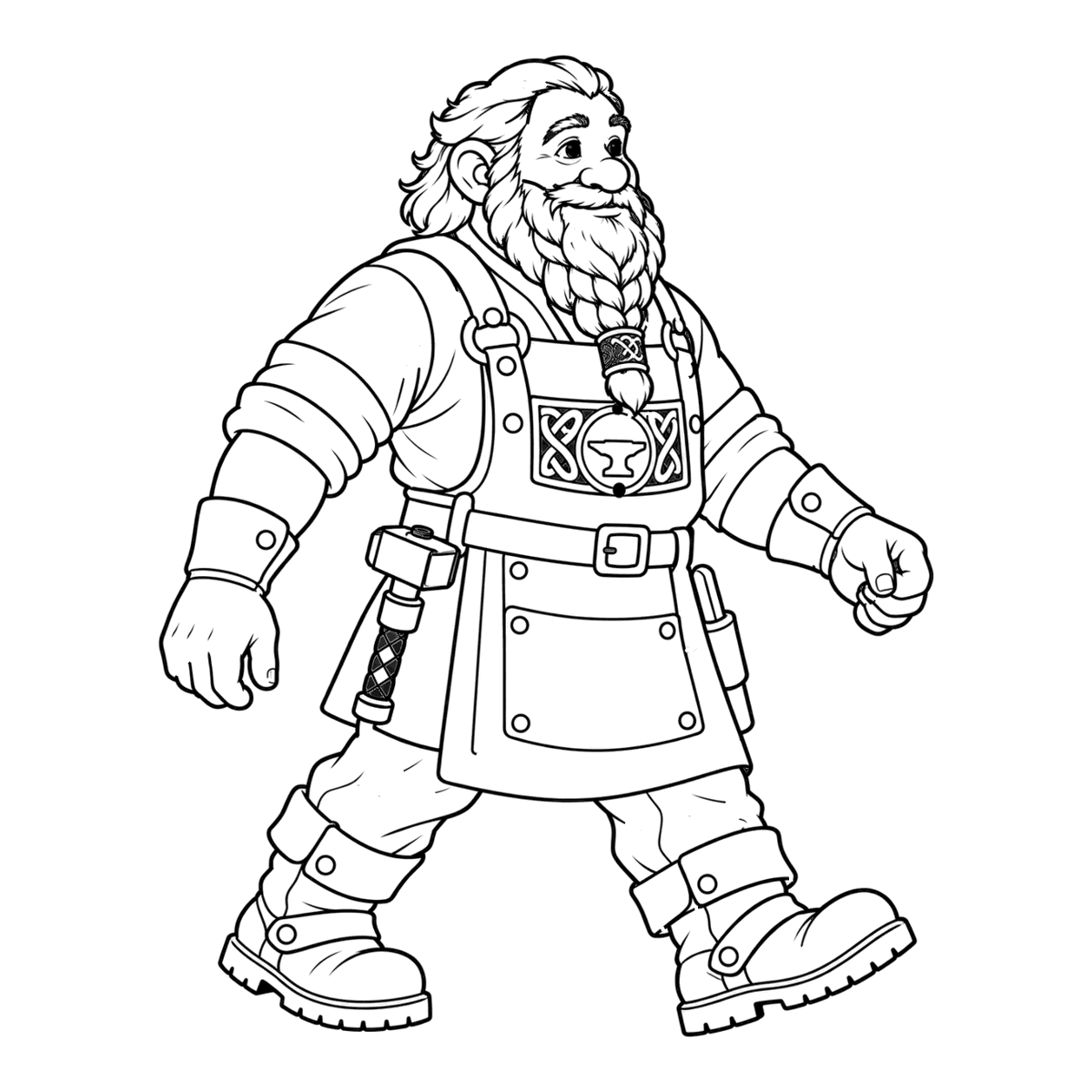 Dwarf smith coloring page: a dwarf smith with a braided beard and an apron, ready to color