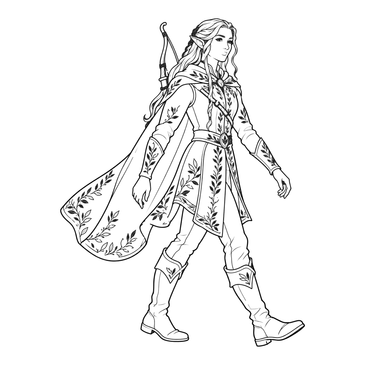 Elf ranger coloring page: an elf ranger with a bow and a leafy cloak, ready to color