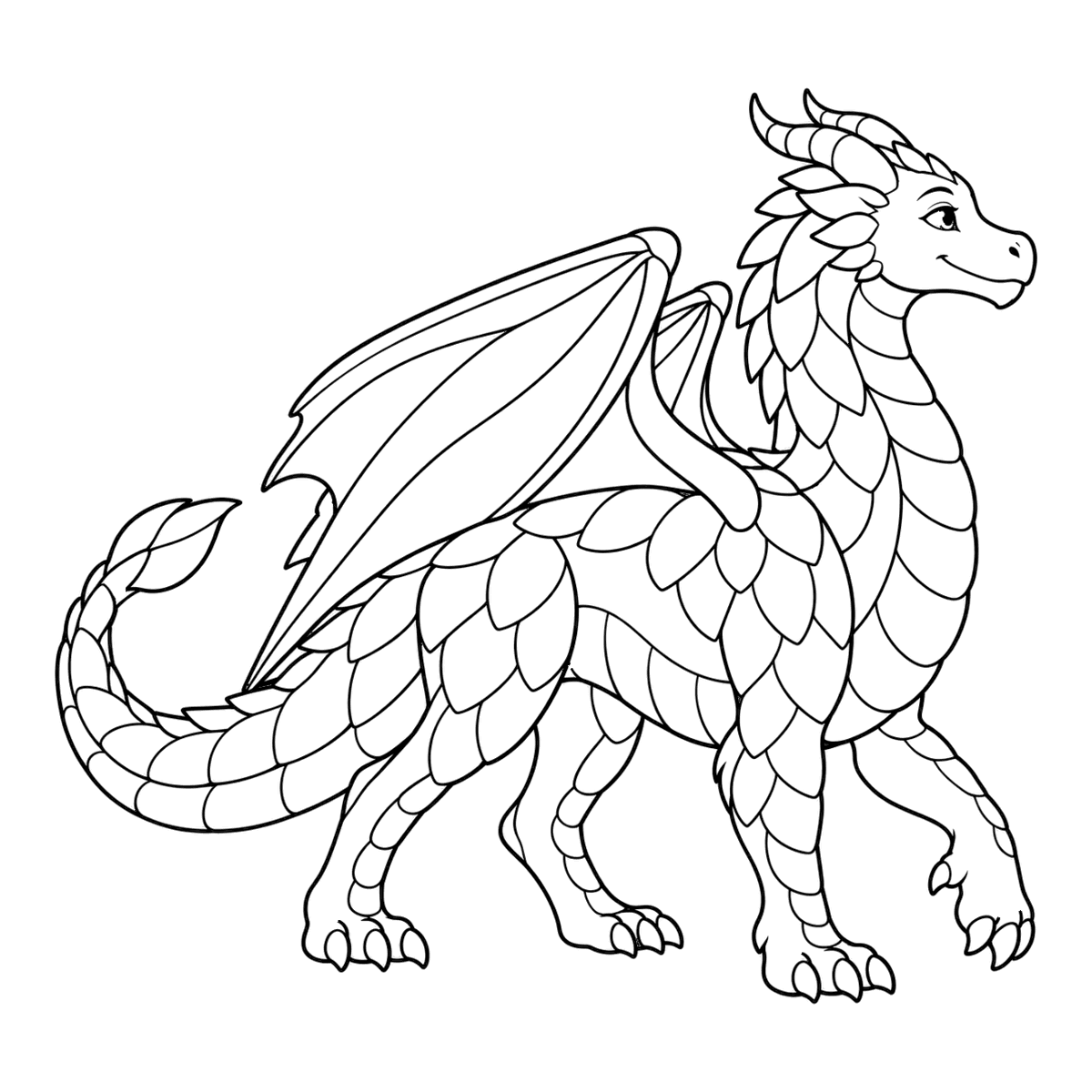 Ember dragon coloring page: a big friendly dragon with its wings raised, ready to color