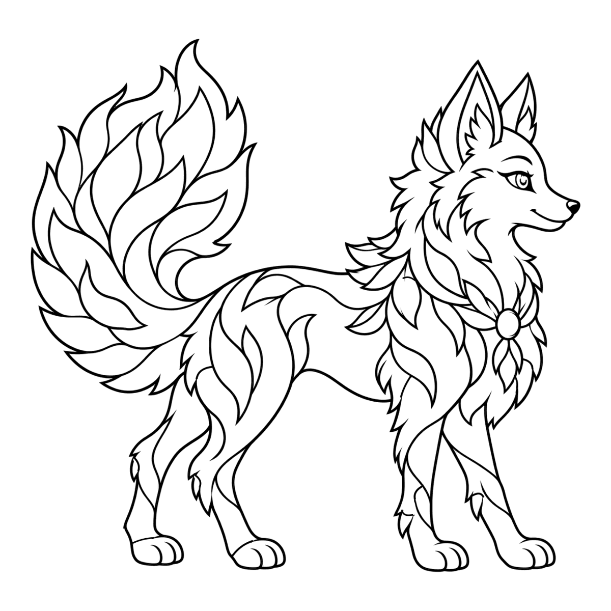 Ember fox coloring page: a fox with a tail like a flame, ready to color