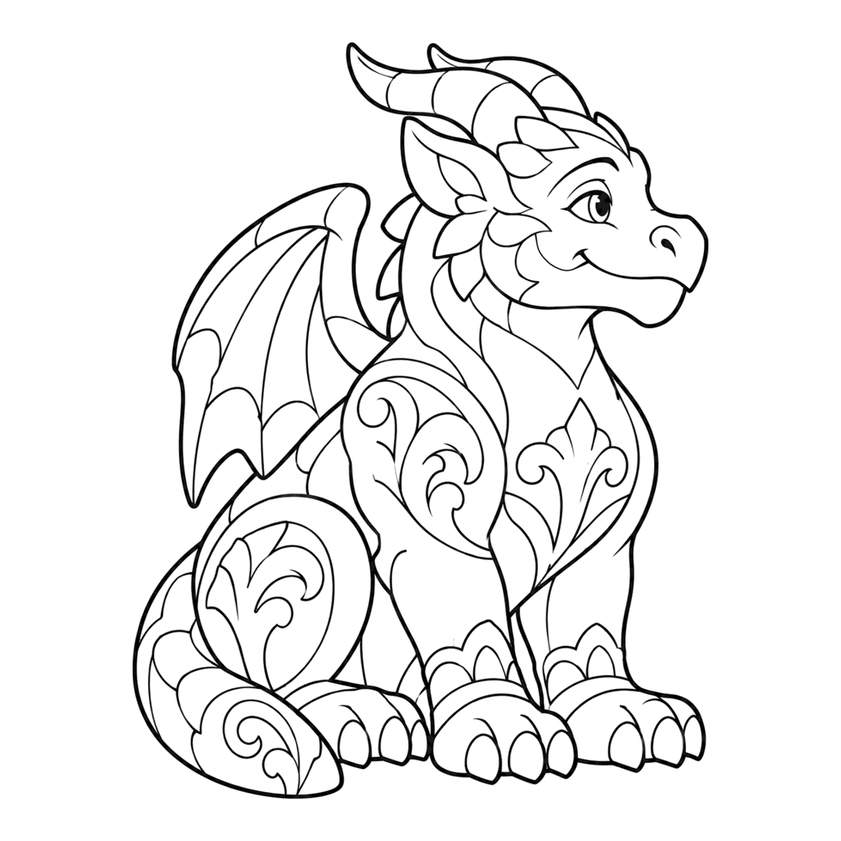 Wall dragon coloring page: a little horned dragon sitting upright, ready to color