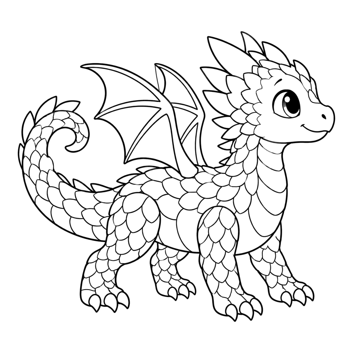 Baby dragon coloring page: a baby dragon with big eyes and small wings, ready to color