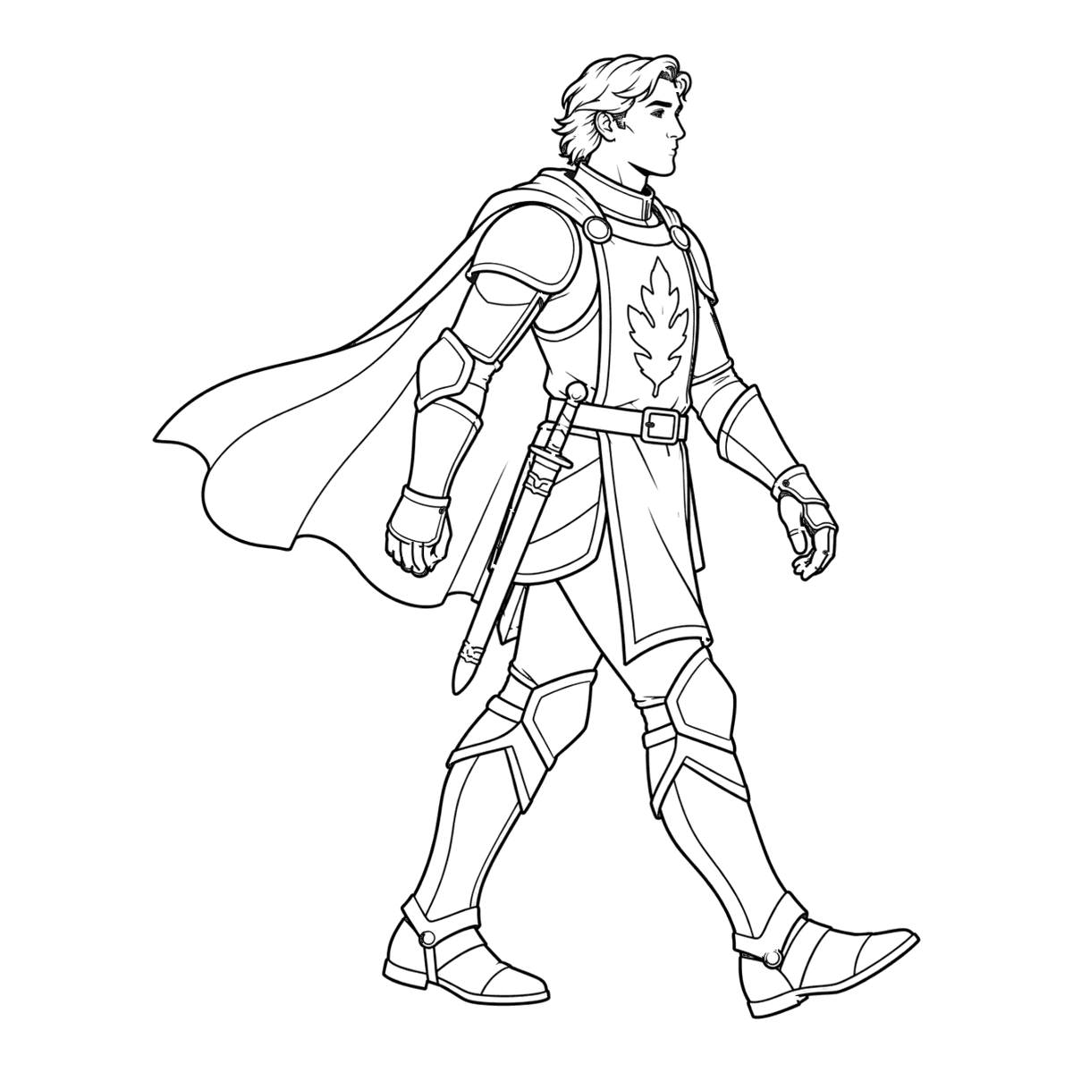 Knight coloring page: a young knight in armor with a flowing cape, ready to color