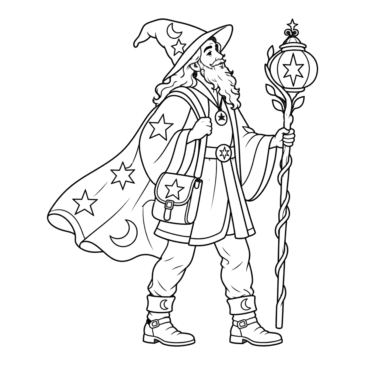 Wizard coloring page: a bearded wizard with a lantern staff, ready to color