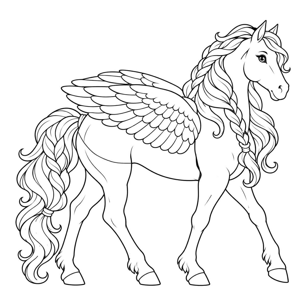 Pegasus coloring page: a winged horse with a braided mane, ready to color