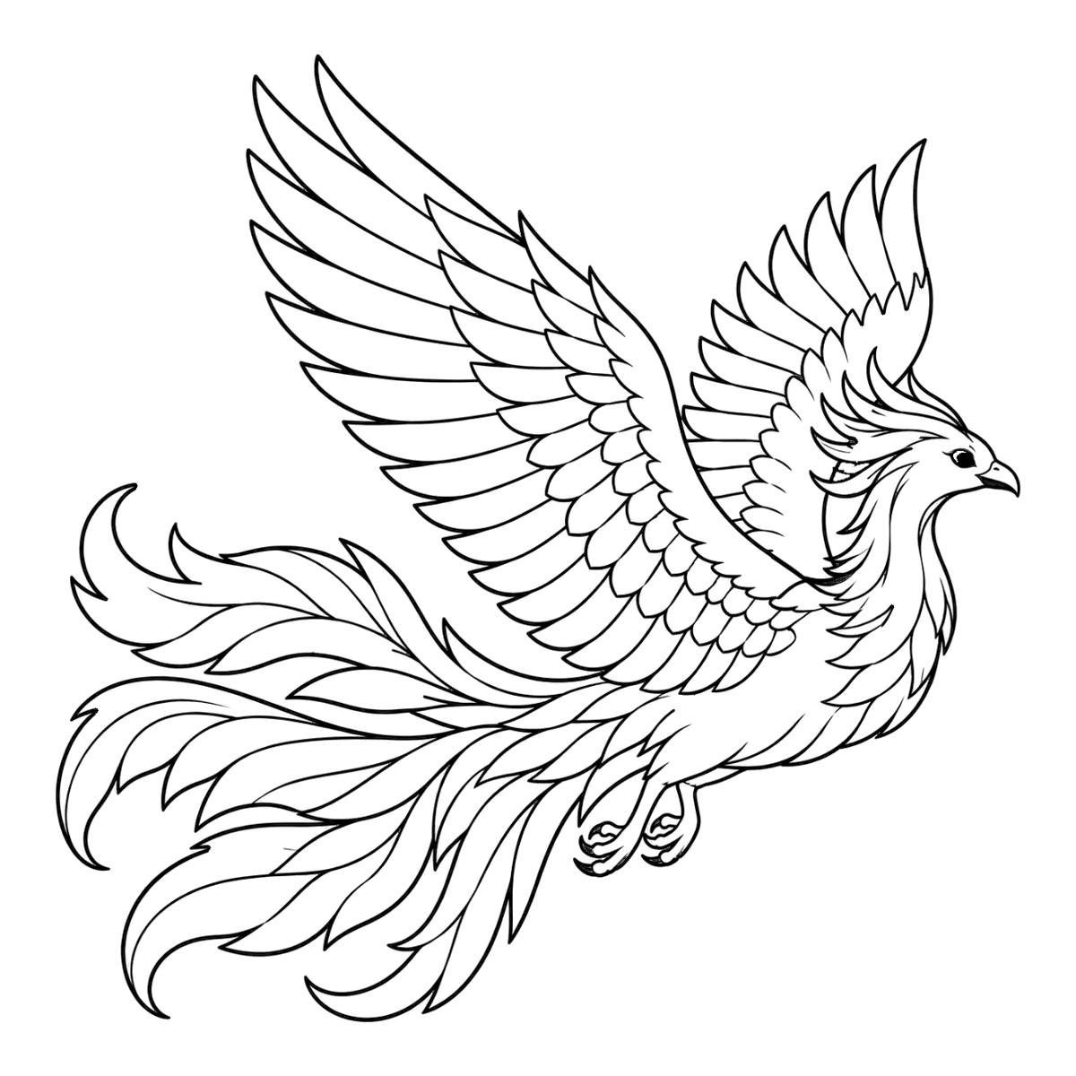 Phoenix coloring page: a phoenix flying with a long flaming tail, ready to color