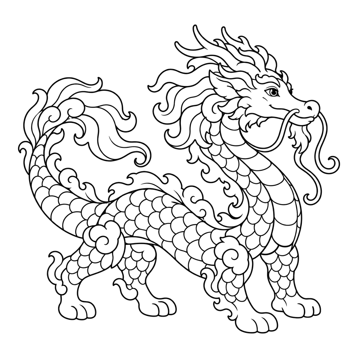River dragon coloring page: a long dragon with a flowing mane and whiskers, ready to color