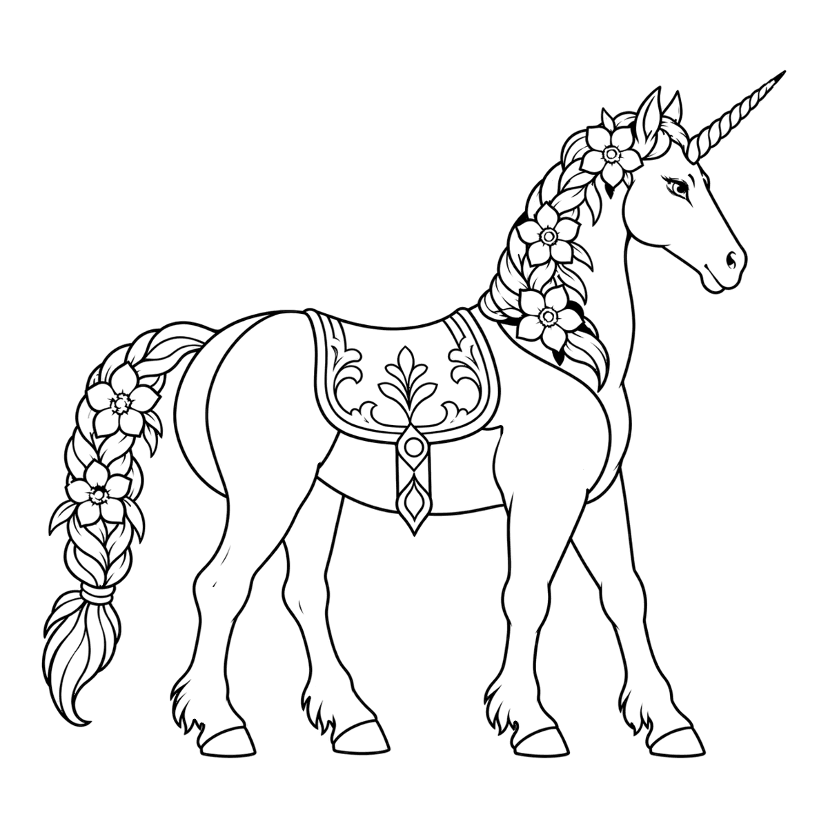 Unicorn coloring page: a unicorn with flowers braided in its mane, ready to color
