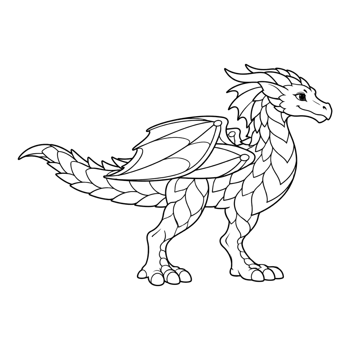 Wyvern coloring page: a wyvern standing tall with its wings folded, ready to color