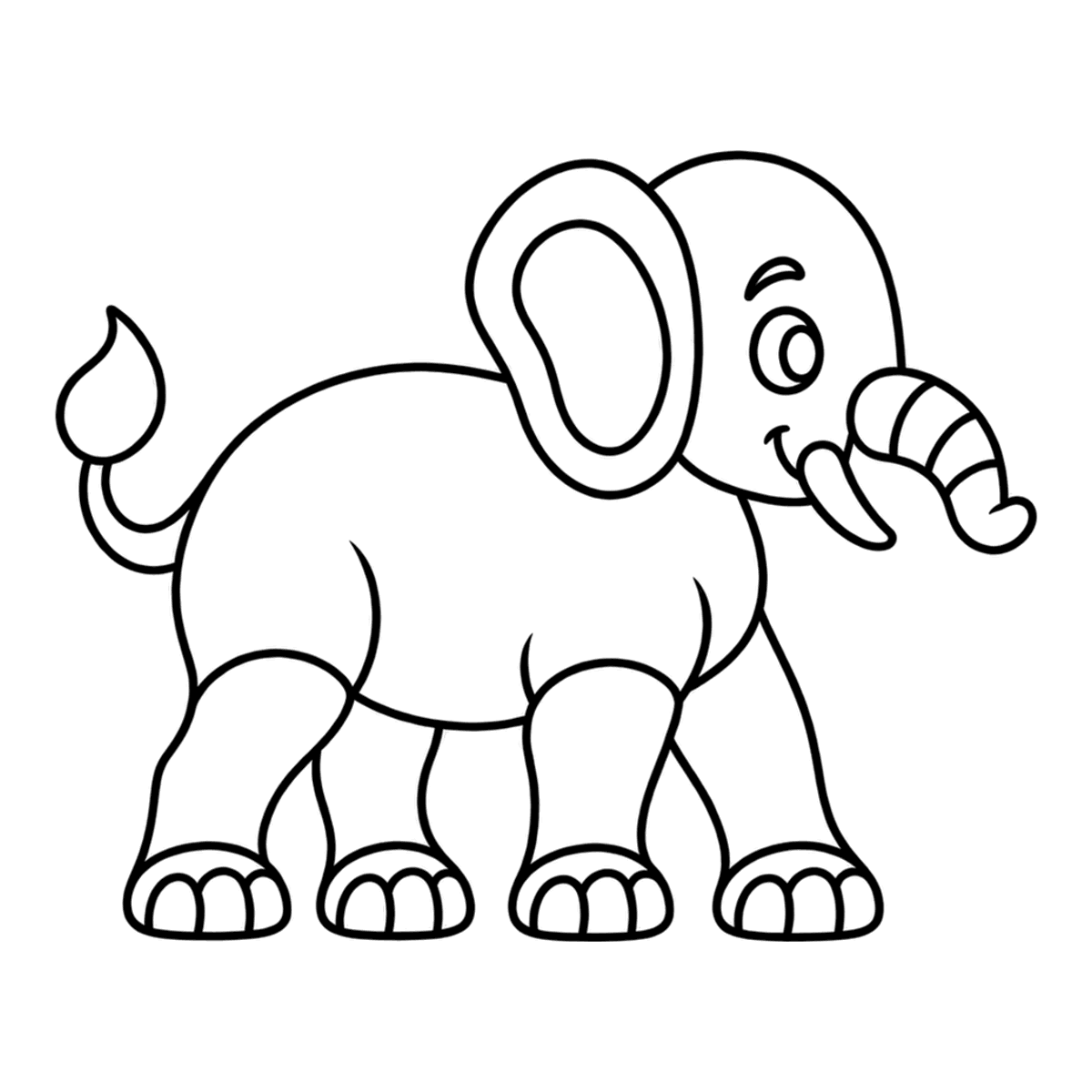 Elephant coloring page: a big elephant with floppy ears and a long trunk, ready to color