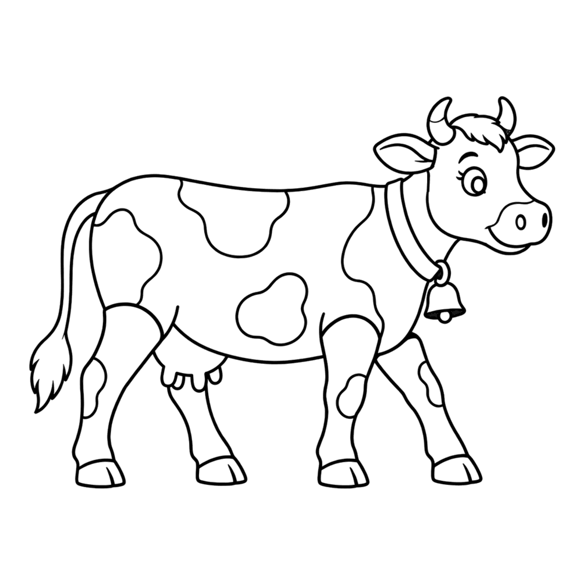 Cow coloring page: a friendly cow with patches and a bell on her neck, ready to color