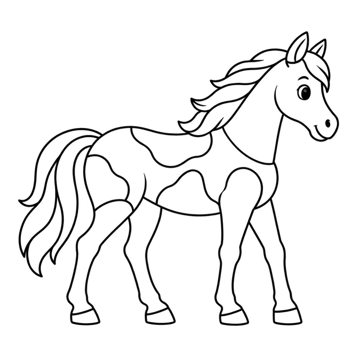 Horse coloring page: a gentle farm horse with a flowing mane and tail, ready to color