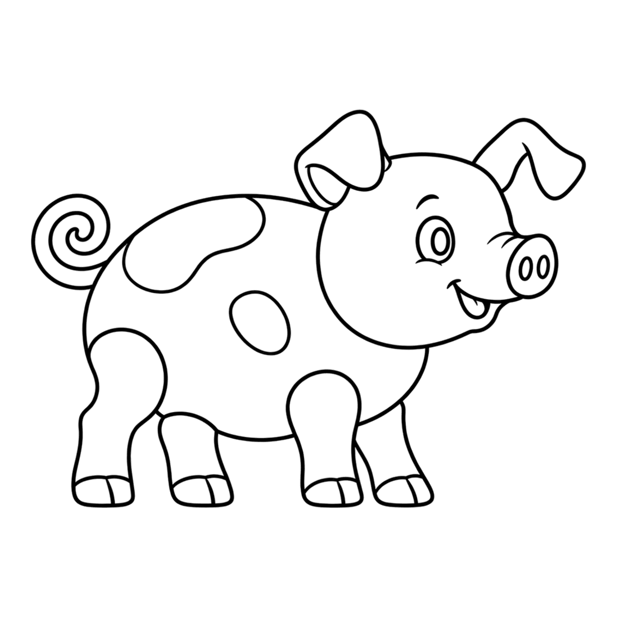 Pig coloring page: a happy round pig with a curly tail, ready to color