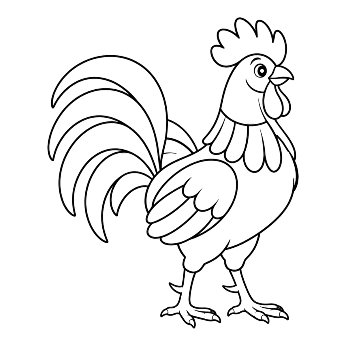 Rooster coloring page: a proud rooster with a tall comb and a big curving tail, ready to color