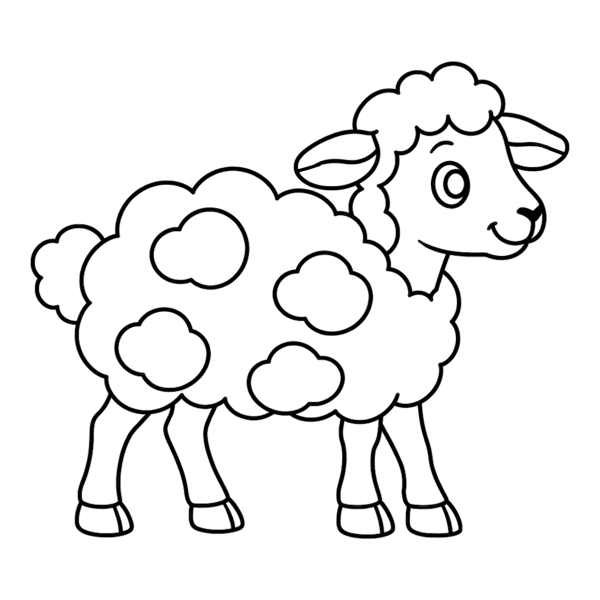 Sheep coloring page: a woolly sheep with a cloud-like fleece, ready to color