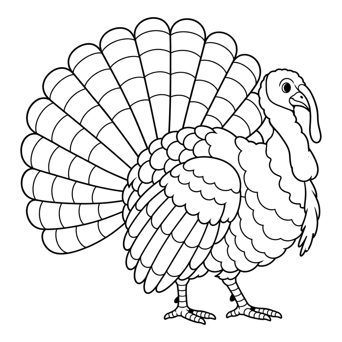 Turkey coloring page: a turkey strutting with its tail fanned out, ready to color