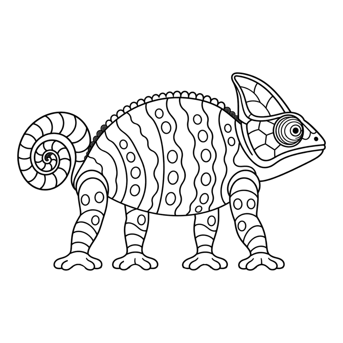 Chameleon coloring page: a chameleon with a tall crest and a curled tail, ready to color