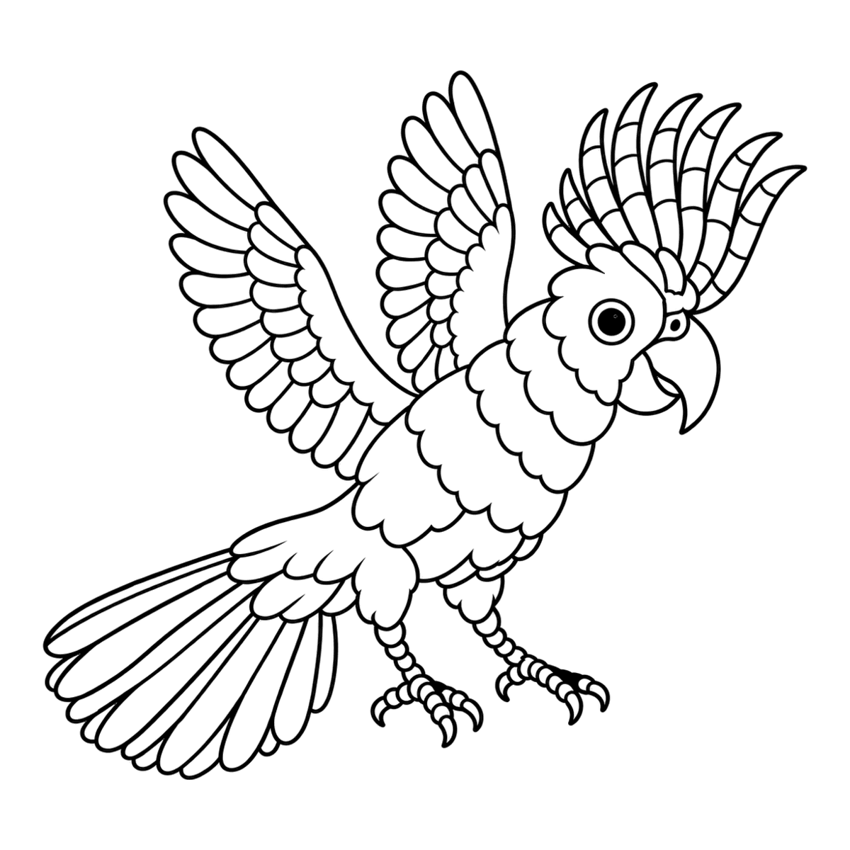 Cockatoo coloring page: a sulphur-crested cockatoo with its crest raised, ready to color