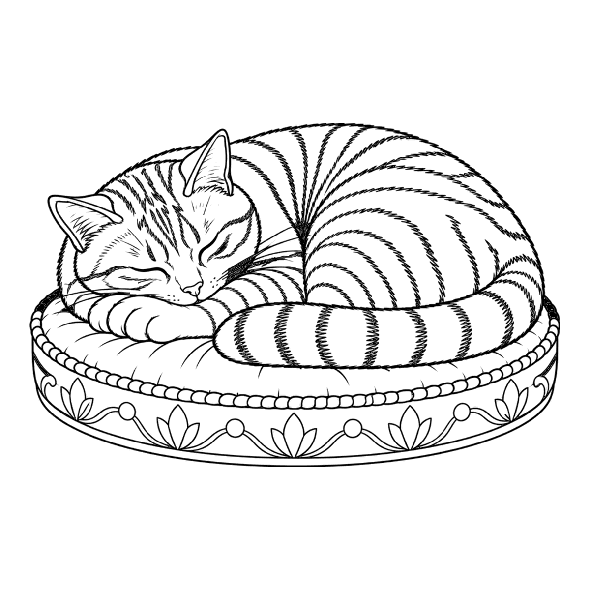 Sleeping cat coloring page: a tabby cat curled up asleep on a round cushion, ready to color