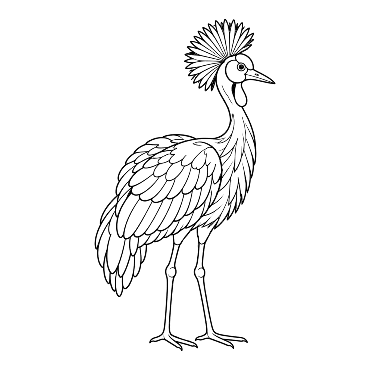 Crowned crane coloring page: a crowned crane standing tall on its long legs, ready to color