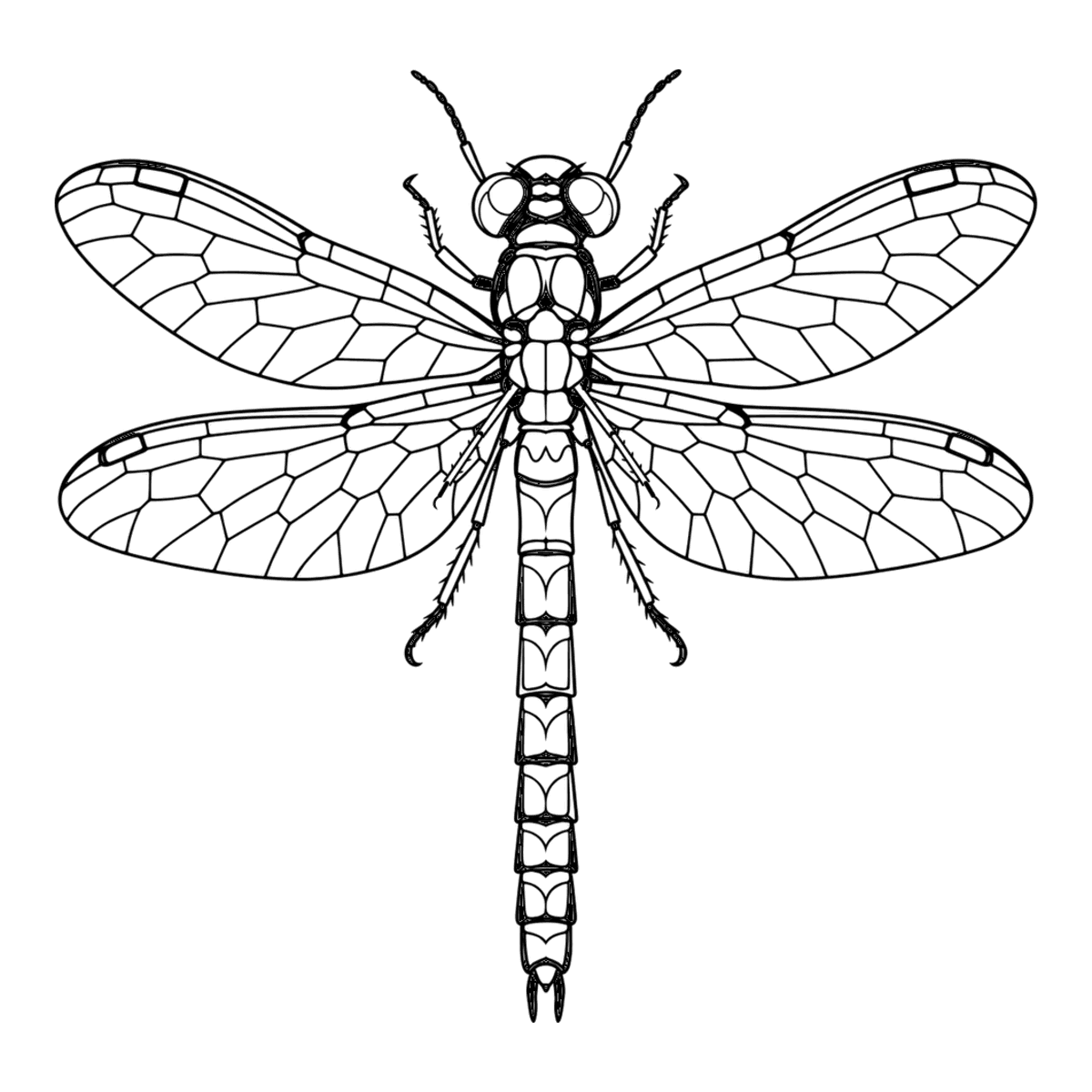 Dragonfly coloring page: a dragonfly with its four wings spread, ready to color