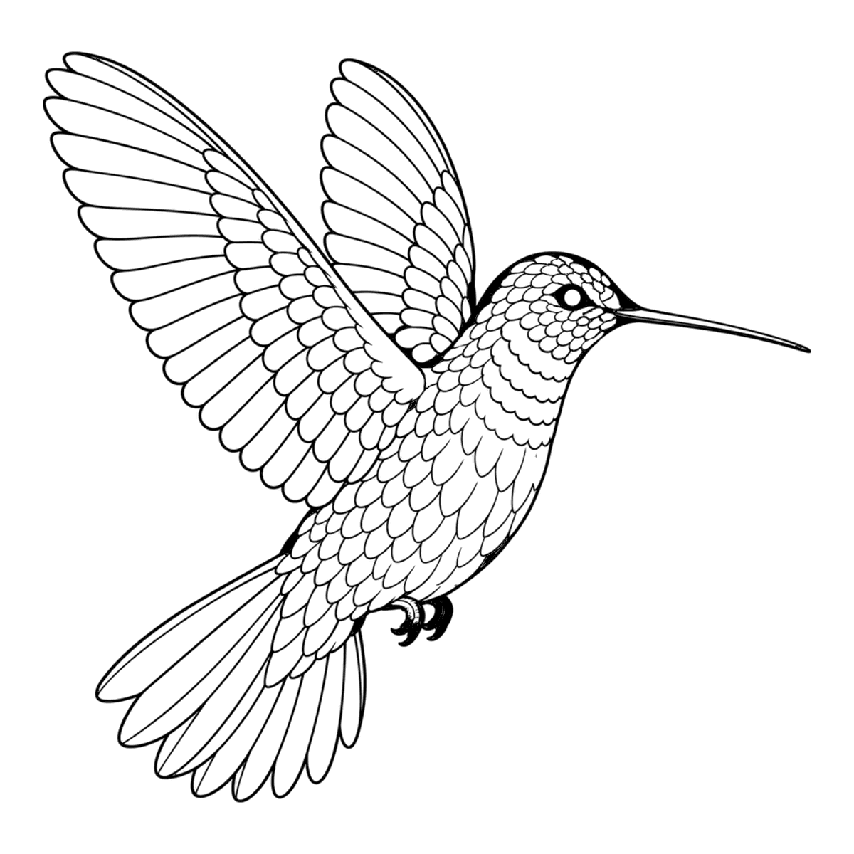 Hummingbird coloring page: a hummingbird hovering with its wings raised, ready to color