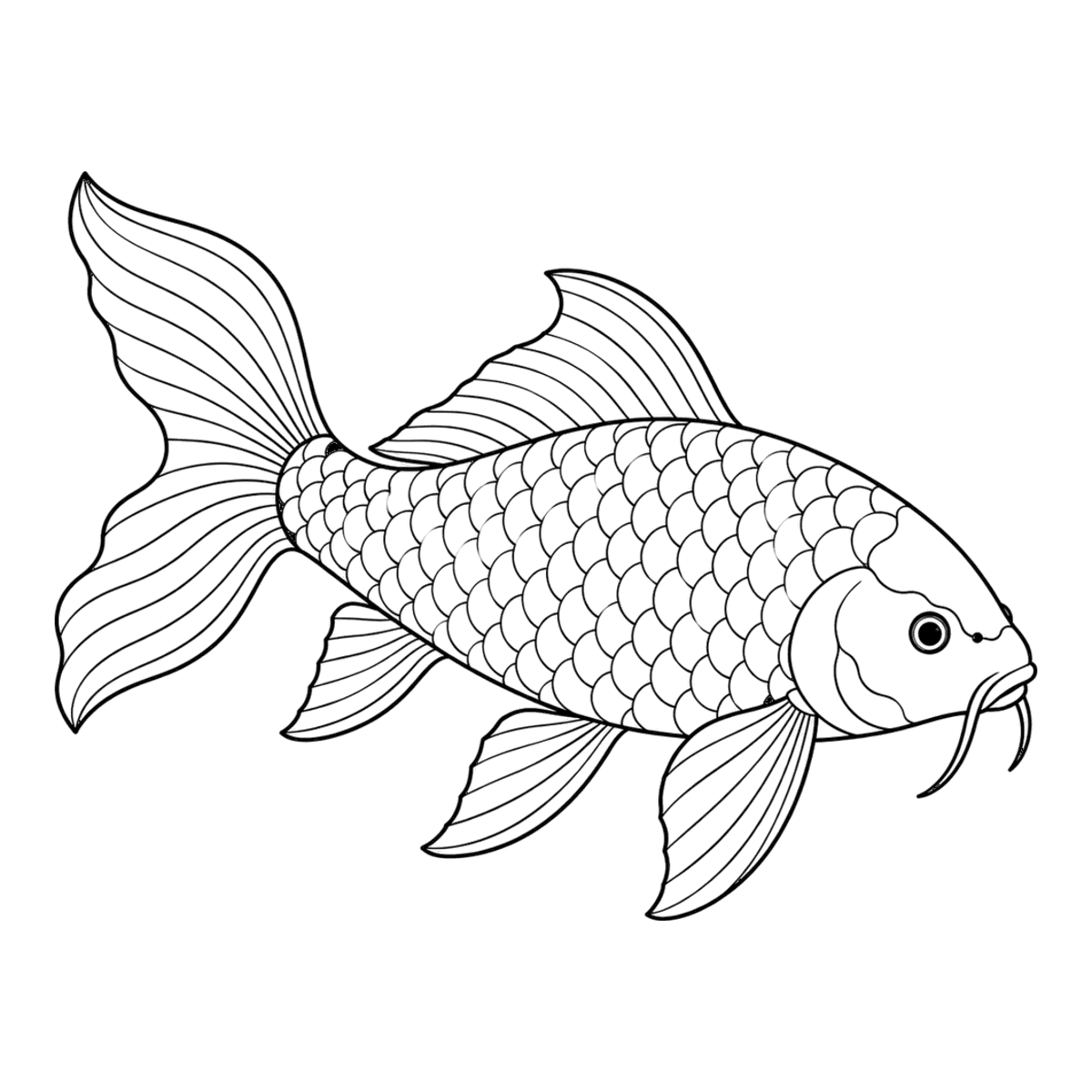 Koi coloring page: a koi with flowing fins and long whiskers, ready to color