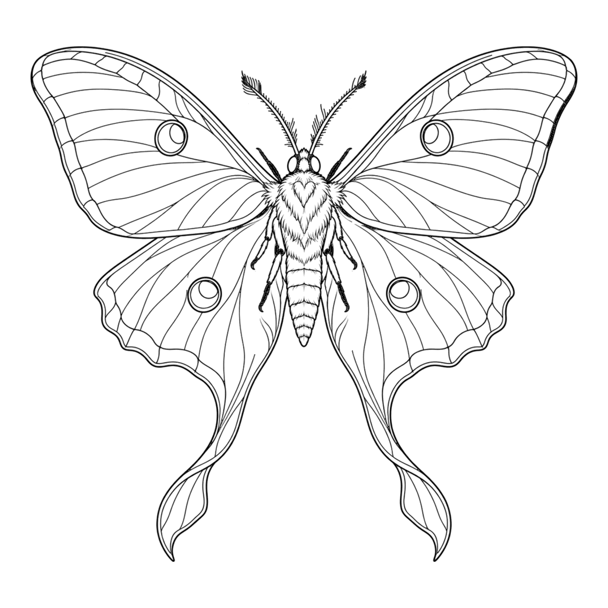 Luna moth coloring page: a luna moth with two long, trailing tails, ready to color