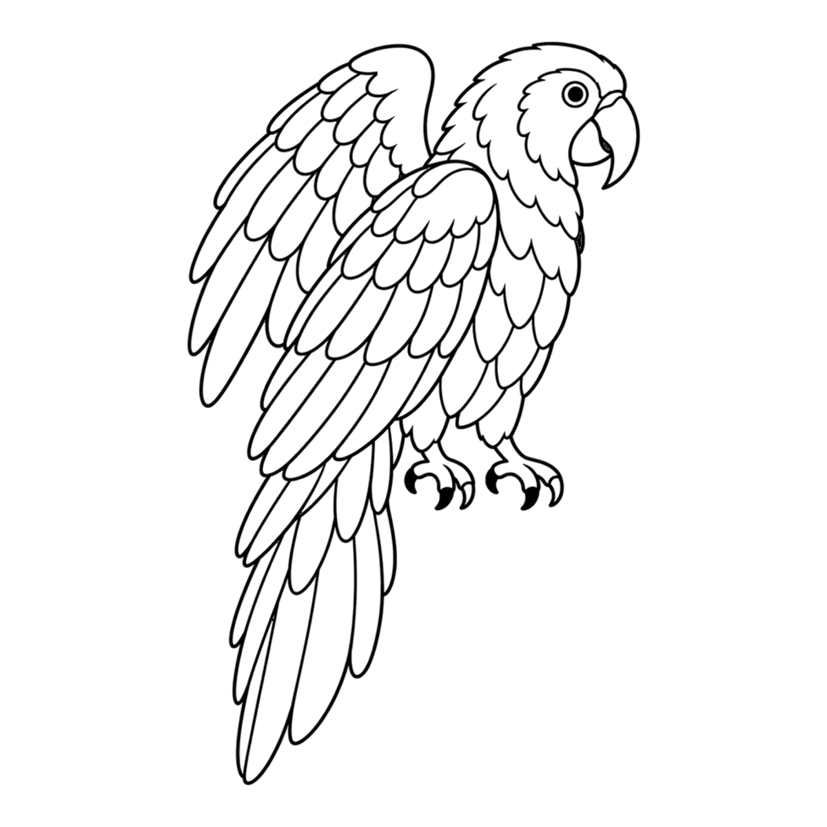 Scarlet macaw coloring page: a scarlet macaw perched with its wings half open, ready to color
