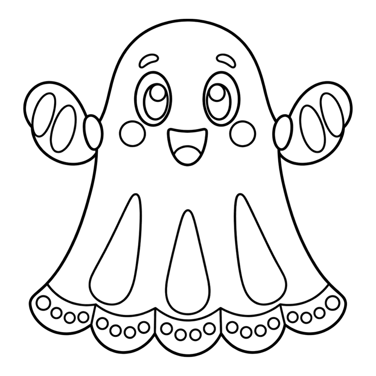 Ghost coloring page: a friendly sheet ghost waving its little arms, ready to color