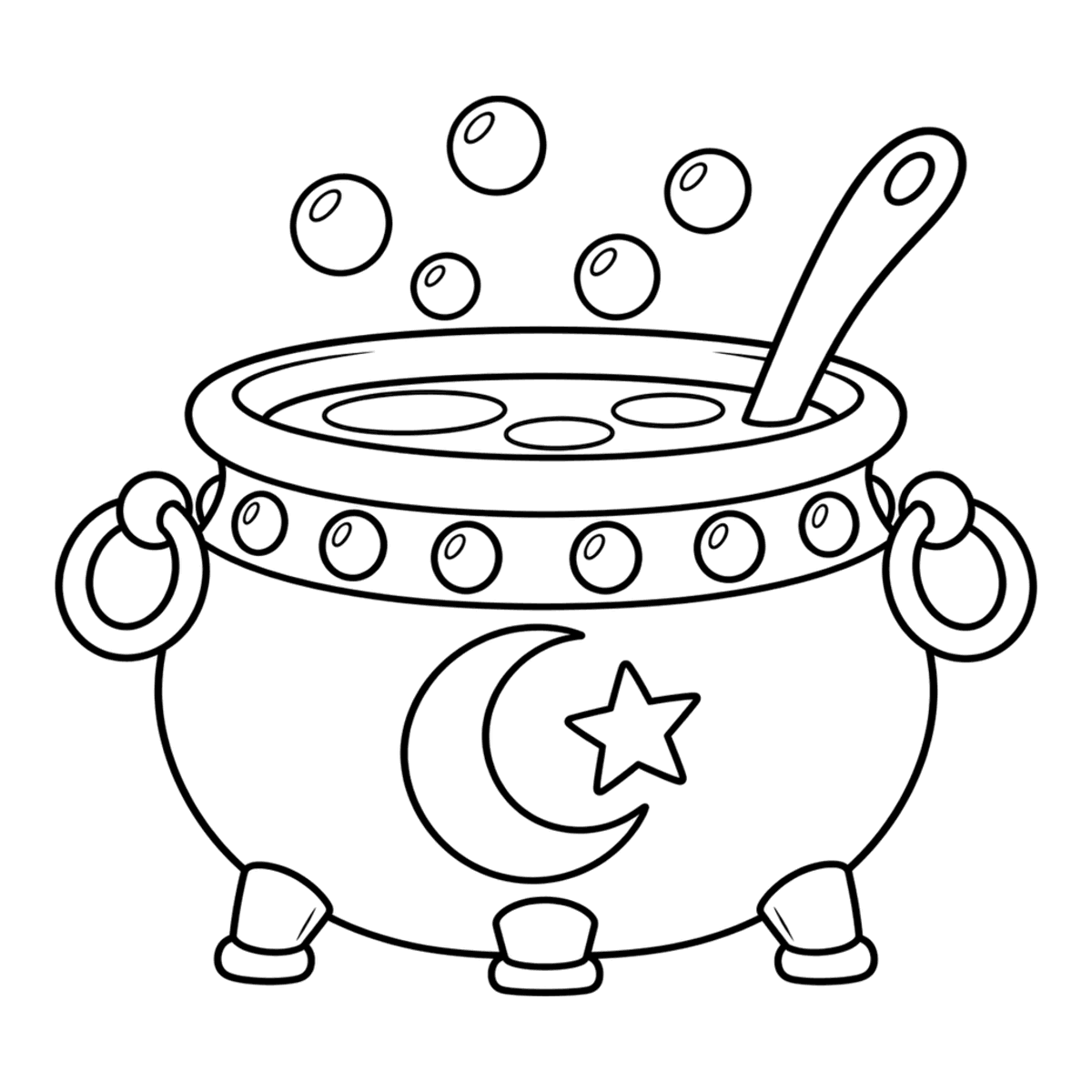 Cauldron coloring page: a witch’s cauldron bubbling with a magic brew, ready to color