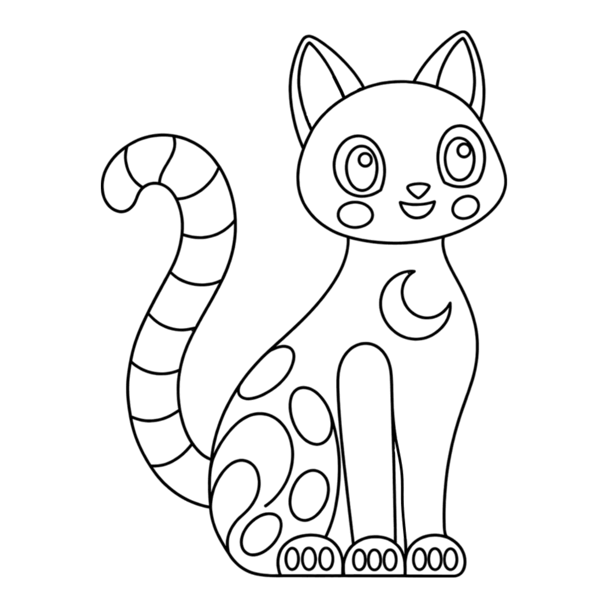 Cat on the fence coloring page: a cat sitting up tall with a curled tail and a crescent moon on its chest, ready to color