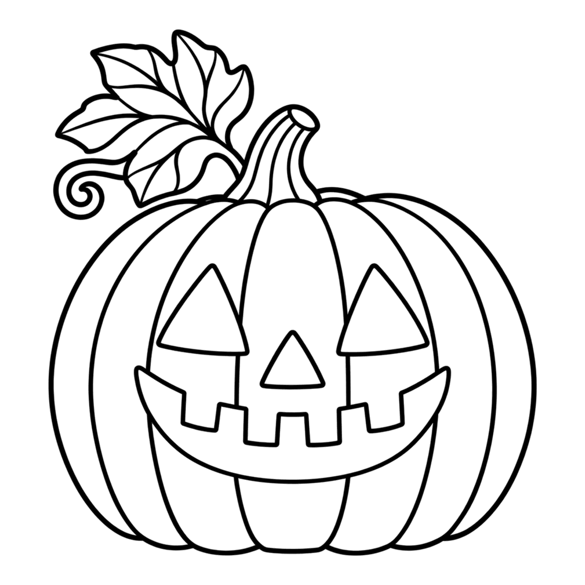 Jack-o’-lantern coloring page: a carved jack-o’-lantern with a big grin, ready to color
