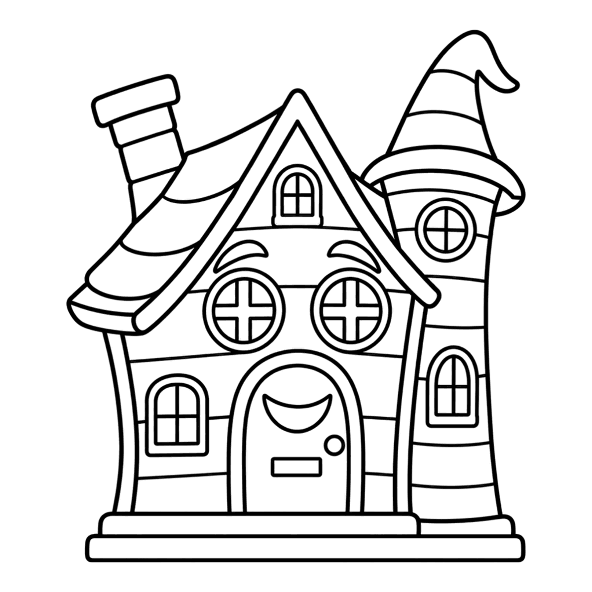 Haunted house coloring page: a crooked haunted house with a smiling face, ready to color