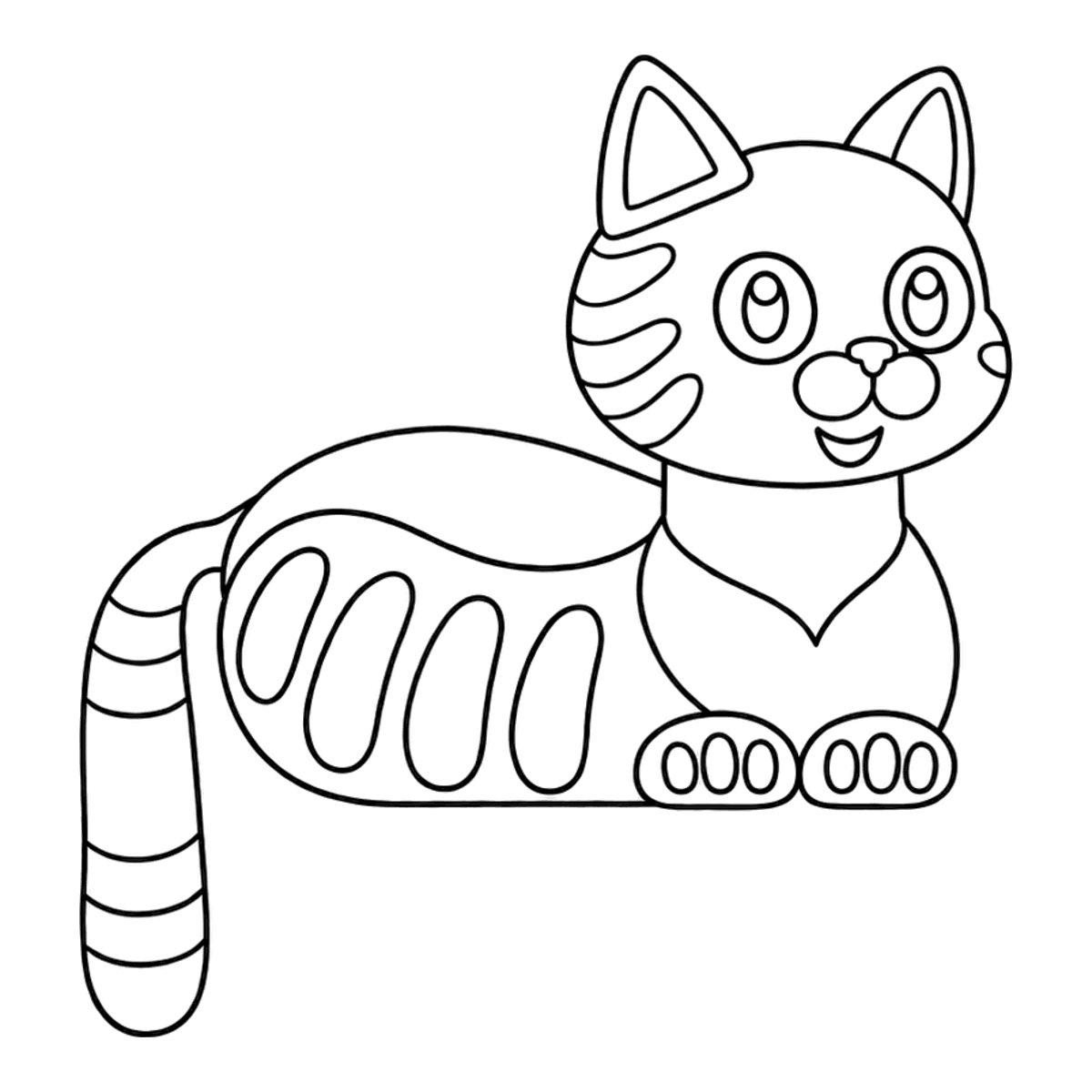 Tabby cat coloring page: a round tabby cat lying with its paws tucked in and its tail hanging down, ready to color