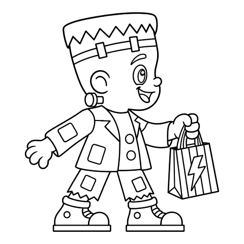 Little Frankenstein coloring page: a little Frankenstein’s monster with a treat bag, ready to color