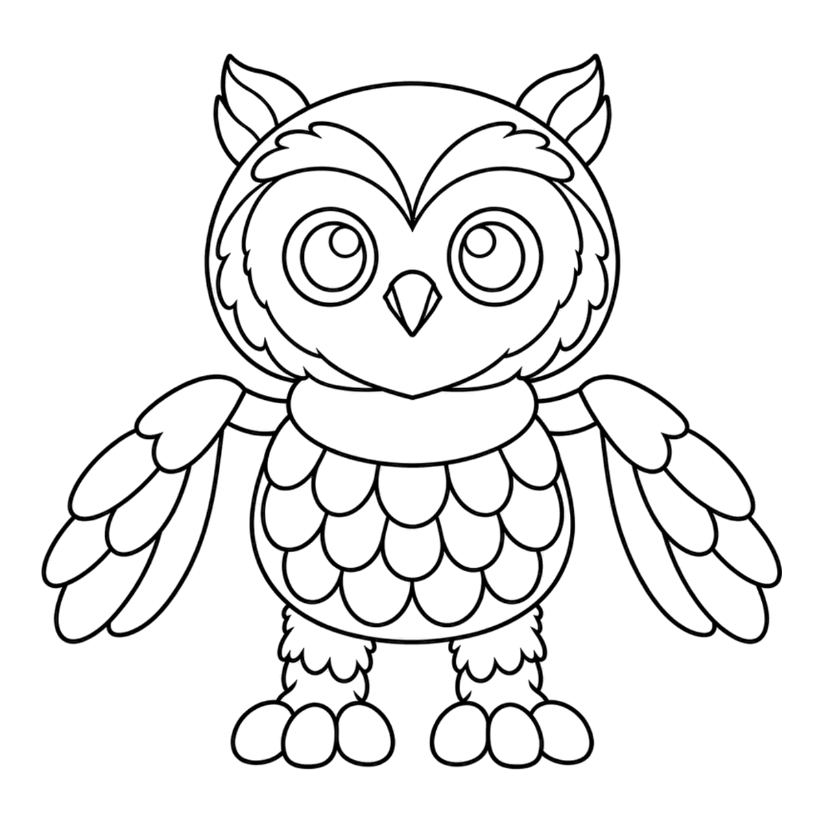 Owl coloring page: a round owl with huge eyes and ear tufts, ready to color
