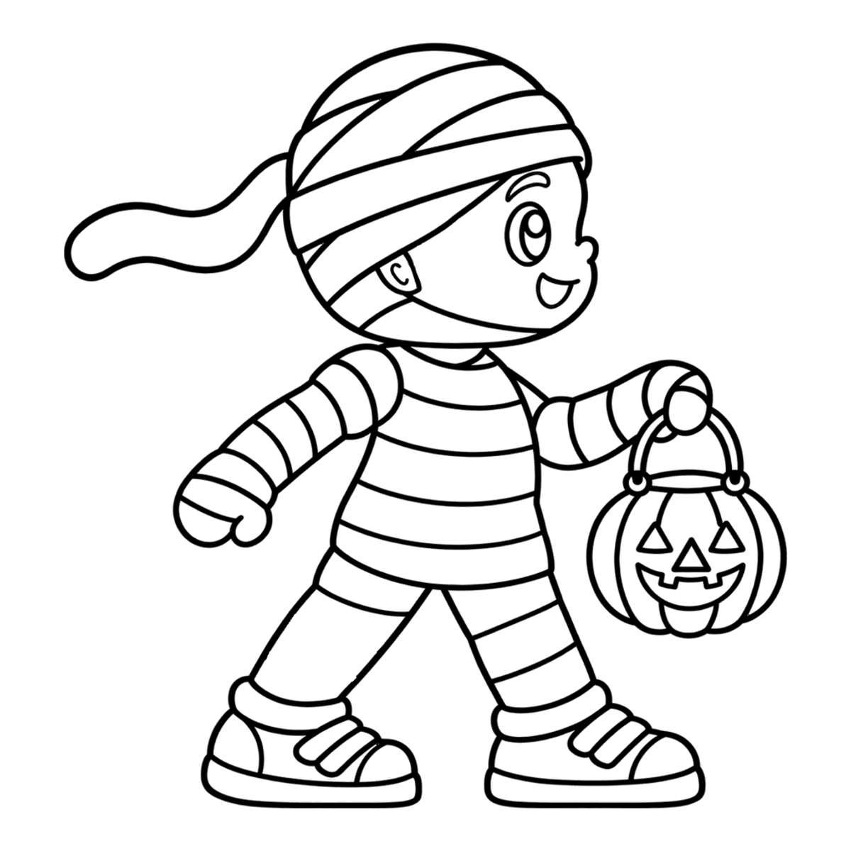 Little mummy coloring page: a little mummy with a pumpkin lantern, ready to color