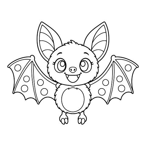 Bat coloring page: a cute bat with big ears and wings spread wide, ready to color