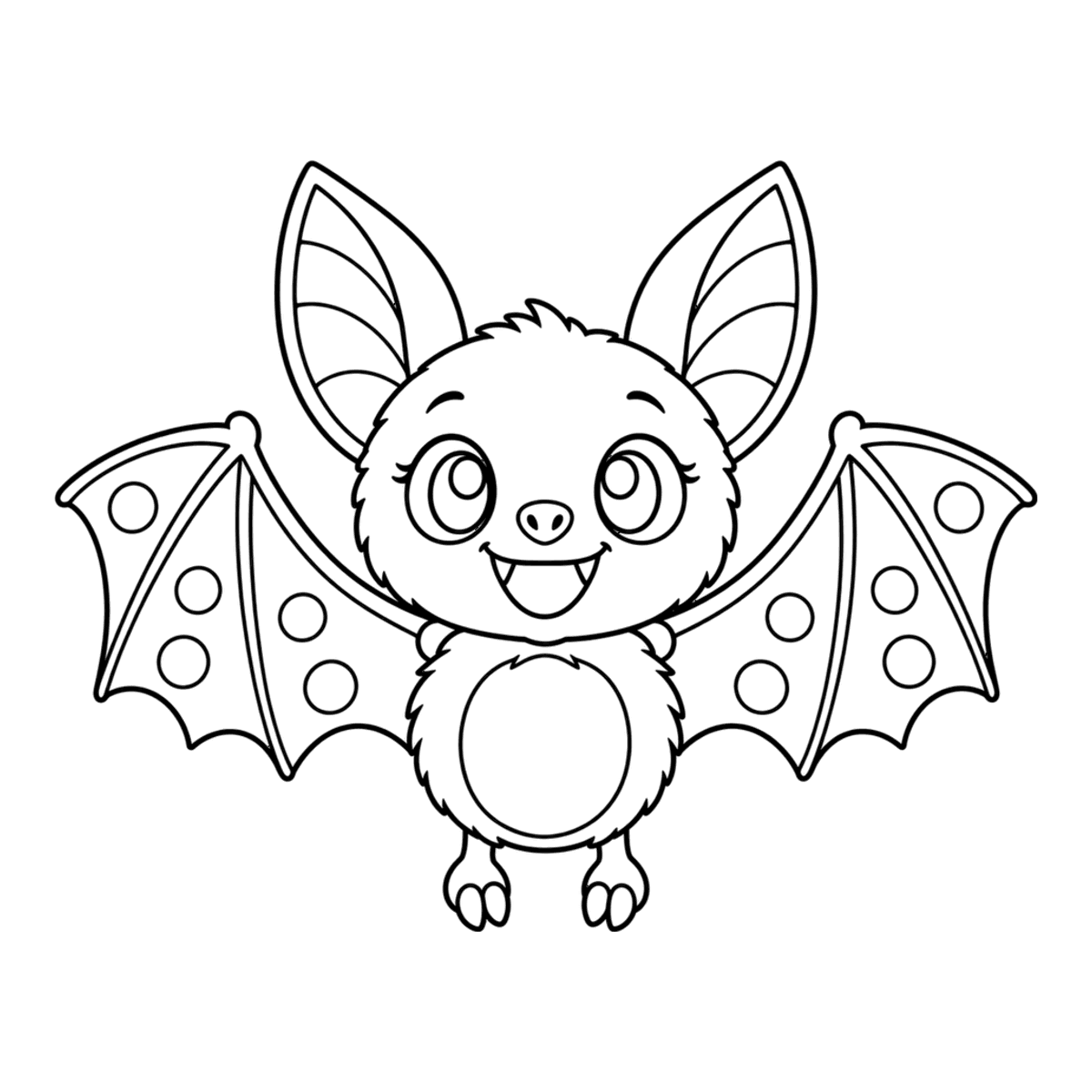 Bat coloring page: a cute bat with big ears and wings spread wide, ready to color
