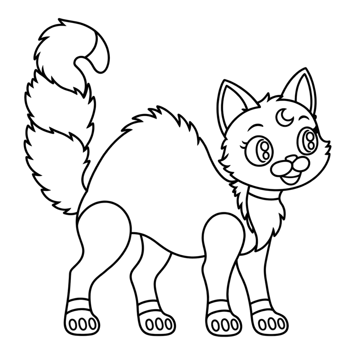 Black cat coloring page: a black cat with an arched back and a puffed tail, ready to color