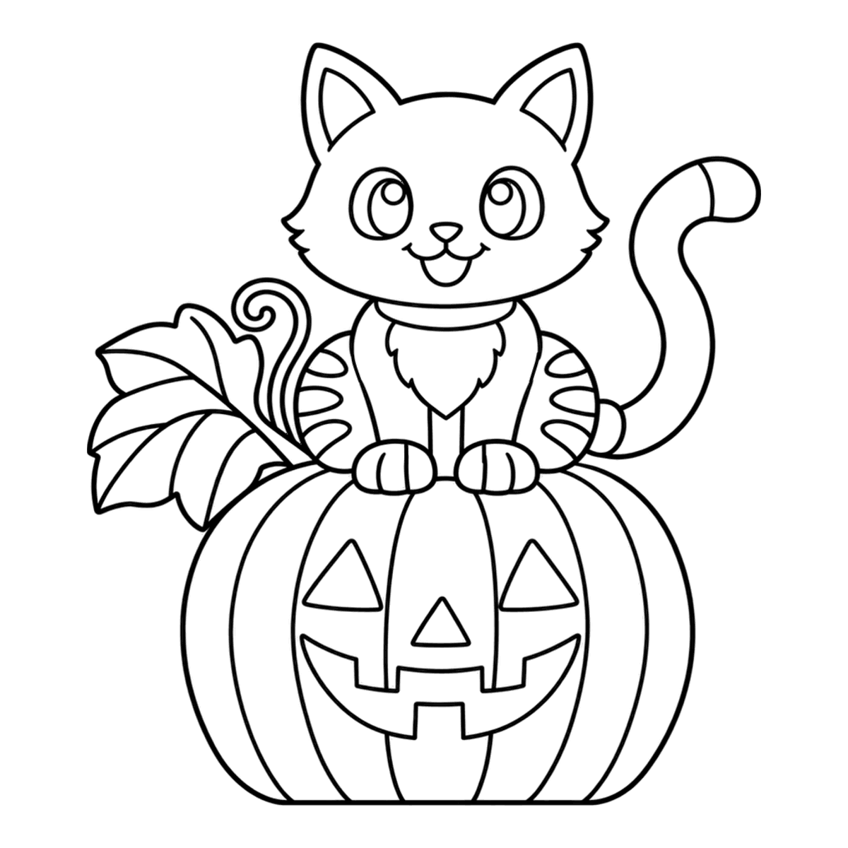 Cat on a pumpkin coloring page: a happy cat sitting on a carved jack-o’-lantern, ready to color