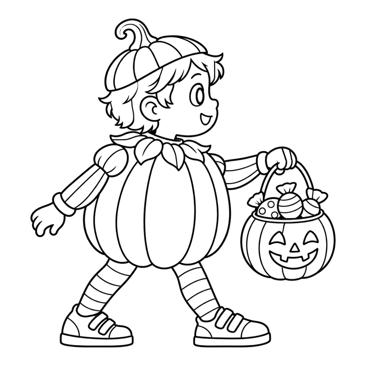 Little pumpkin coloring page: a child in a pumpkin costume with a candy bucket, ready to color