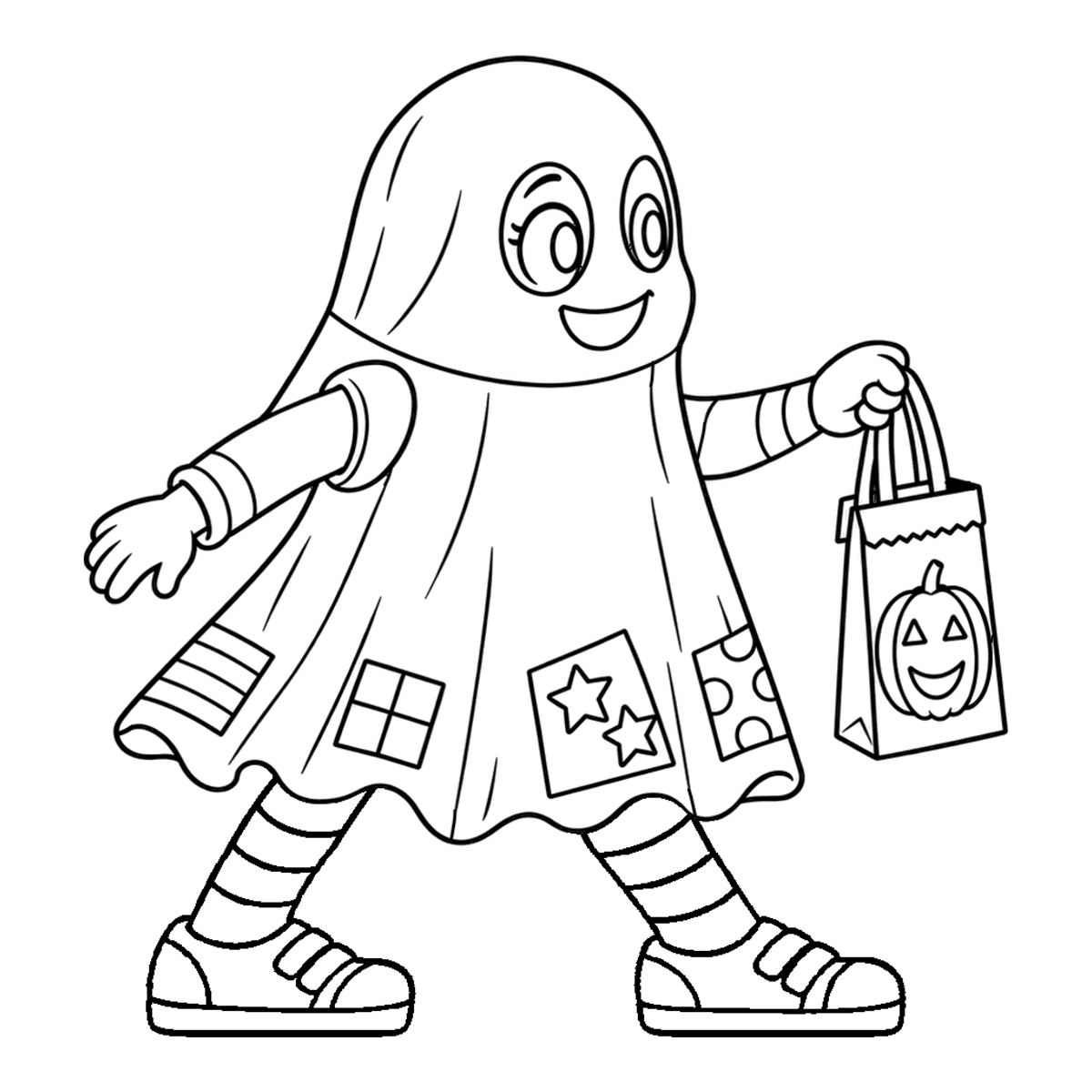 Sheet ghost coloring page: a child dressed as a ghost in a patched sheet, ready to color